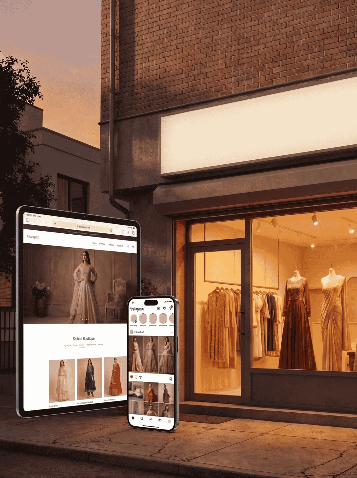 Boutique storefront concept showing a fashion website and social media presence