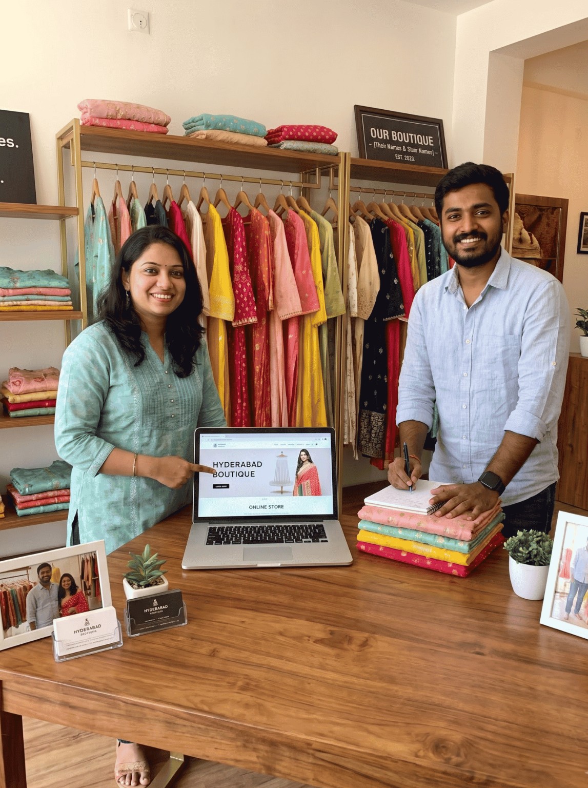 Boutique owners presenting an online storefront in their clothing shop